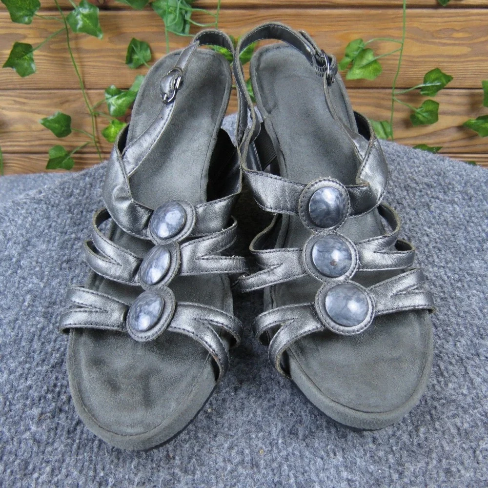 Aerology Plushetta Women 8.5 Pewter Synthetic Wedge Sandals Strappy‎ Comfort